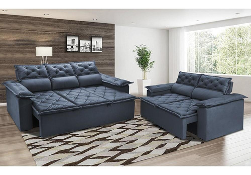 Conjunto de Sofá 3 e 2 Lugares Retrátil e Reclinável Cama inBox Compact 2,00x1,50m Velusoft Azul