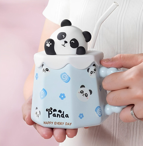 Taza De Cerámica 360 Ml Diseño Animal Con Tapa Y Popote