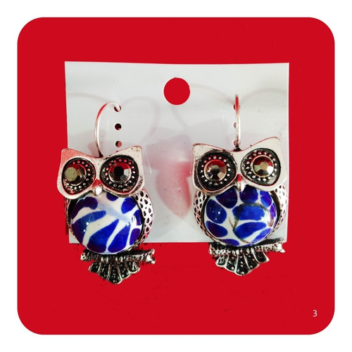Imagen 2 de 2 de Aretes De Talavera Poblana Azul Con Metal Acero M3 Buho