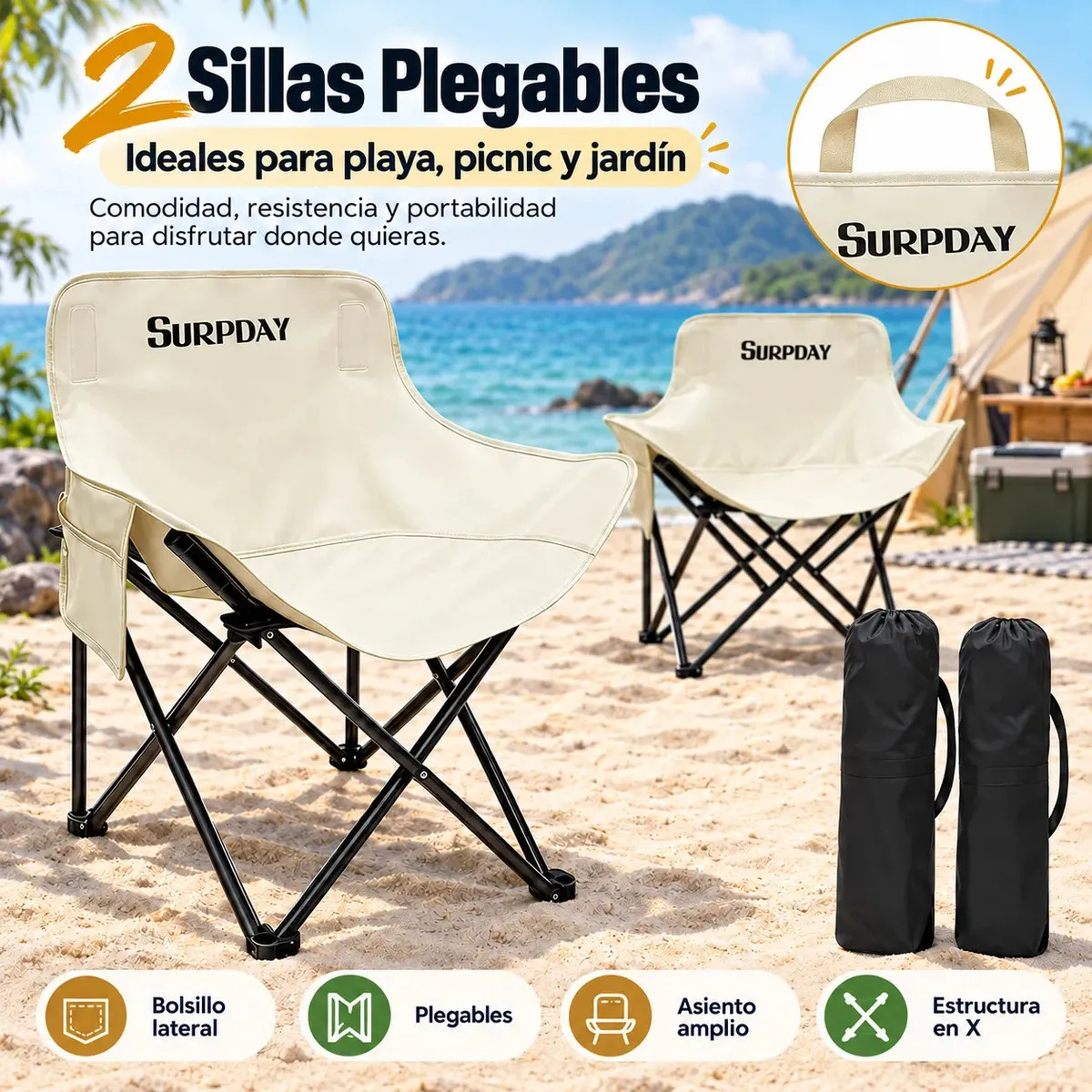 Set de 2 sillas Playeras De Playa Plegable Portátil Surpday Blanco Para Exterior Campamento Pesca Material Metal Con Bolsa Y Asa
