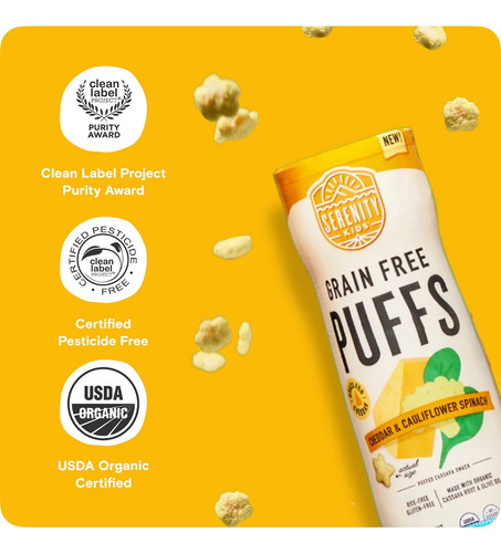 Puffs Cereal Para Bebé Cheddar, Coliflor Y Espinaca Organico