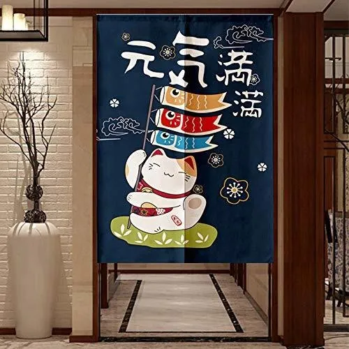 Cortina Noren Gato De La Suerte Feng Shui Azul 85x150 Cm