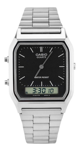 Reloj de pulsera Casio AQ-230 de cuerpo color plateado, analógico-digital, fondo negro y gris, con correa de acero inoxidable color plateado, agujas color plateado, dial plateado y negro, minutero/segundero plateado, bisel color plateado