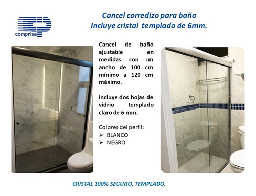 Cancel De Baño Con Vidrio Templado 100 A 120 Cm. Bco O Ngr