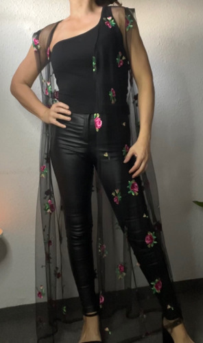 Kimono Vestido Largo Fiesta Noche Tul Bordado Túnica Chaleco