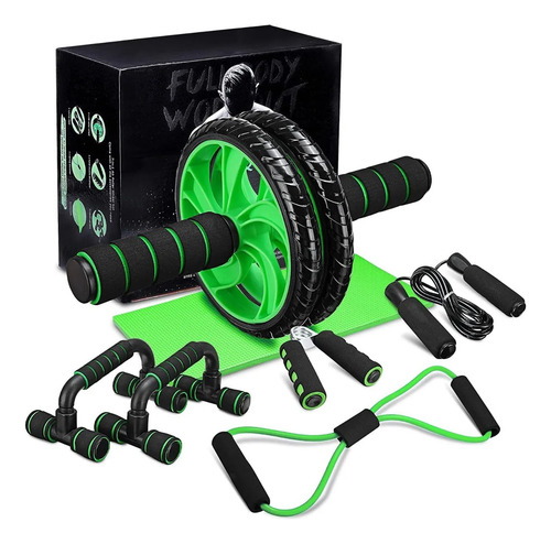 Kit Rueda Abdominal Barras Push-up Cuerda Ejercitado Verde