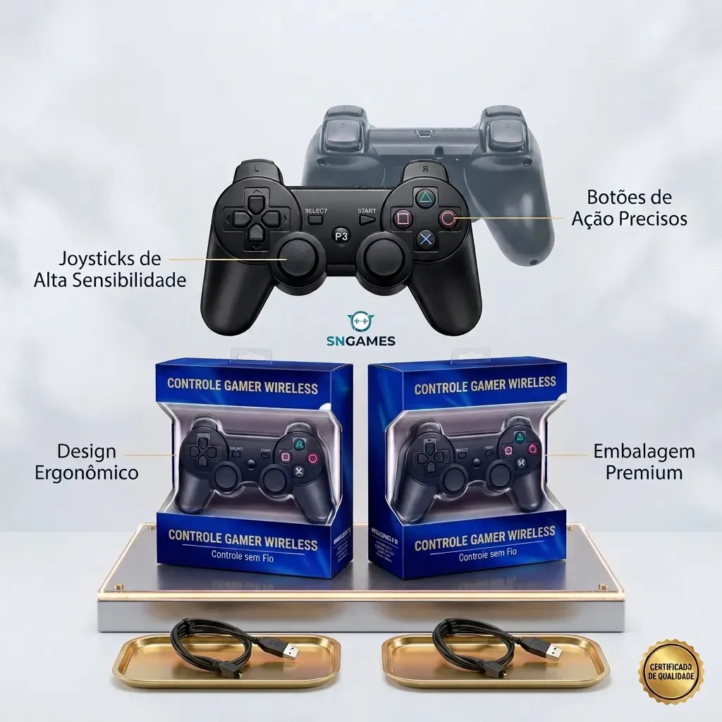 Kit 2 Controles para Ps3 Bluetooth Sem Fio Wireless Compatível PS3 PC Recarregavel Joystick Gamepad Preto Sngames