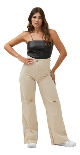 Pantalon Mujer Wide Leg Con Roturas Moda Verano