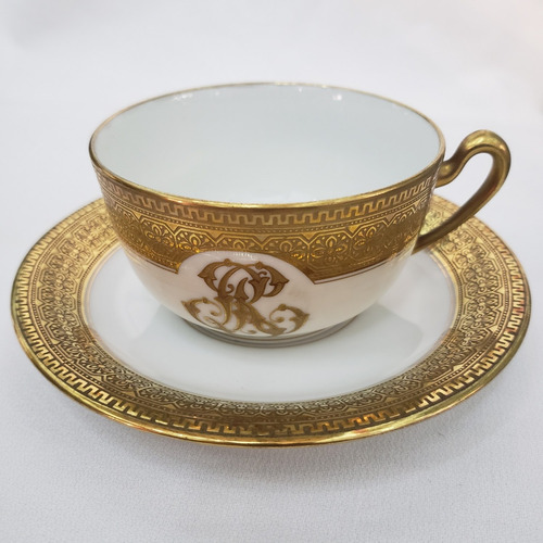 Taza Té Con Plato Porcelana Francesa Limoges Con Monograma 