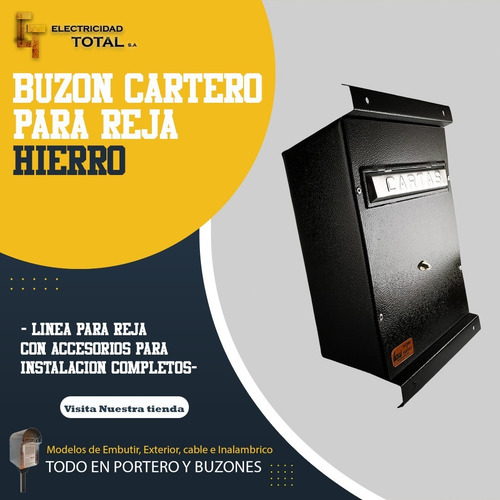 Imagen 2 de 10 de Buzón Cartero Para Reja Negro Esmaltado C/pulsador Y Soporte