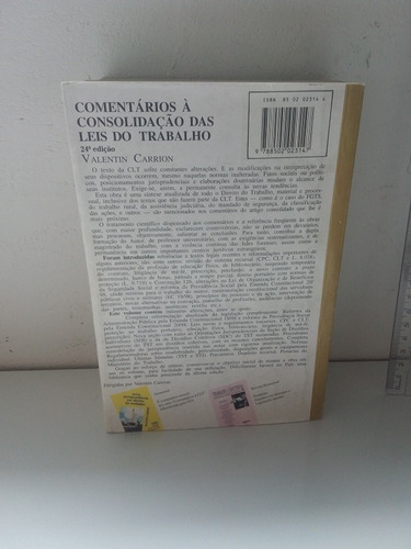 Livro: Comentários À Consolidação Das Leis Do Trabalho - Valentin Carrion - 24ª Edição 1999 (Usado)