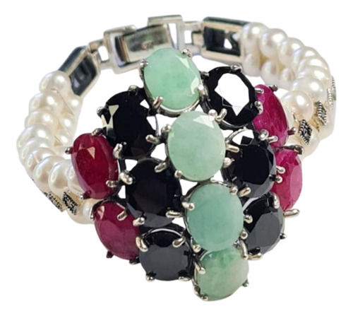Pfh2-pulseira Prata 925 Rubi Esmeralda Ônix Pérola Natural