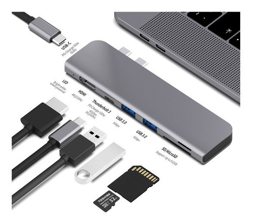 Adaptador hub 7 en 1 para Macbook Pro, USB C + Hdmi 4k + Thunderbolt Color Space Grey