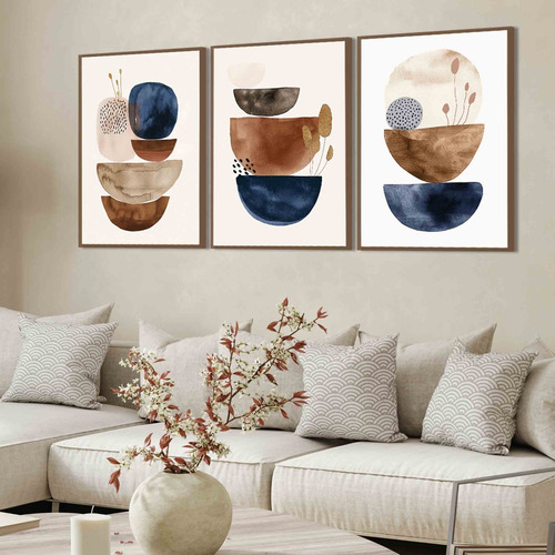 Kit 3 Quadros Decorativos Geométrico Marrom Azul Com Moldura