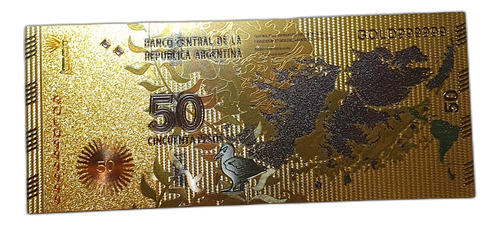 Billete Replica De 50 Pesos Malvinas Color Oro Coleccionable