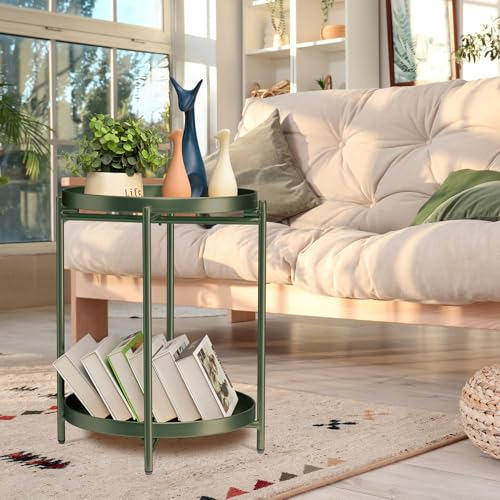 Teokj 2 Tier Green Side Table, Plegable Redonda Mesa De Meta