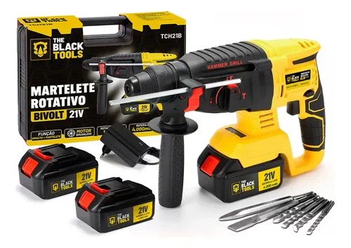 Martelete Rotativo Rompedor Furadeira De Impacto Brushless 2 Baterias 21v Com Acessórios Tch21b-2b The Black Tools