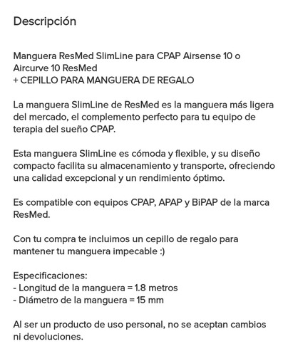 Manguera Slimline Tubo Resmed Para Cpap Nuevo Modelo 36810 (Usado)