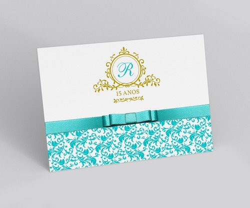 30 Convites 15 Anos Azul Tiffany E Dourado - Personalizado