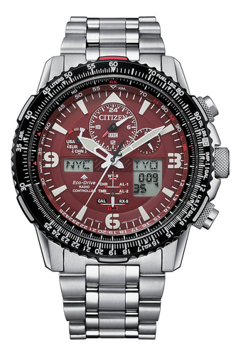 Reloj Citizen Jy808689x Para Hombre Cronógrafo Hora Mundial Color De La Malla Plateado Color Del Bisel Negro Color Del Fondo Rojo Vino