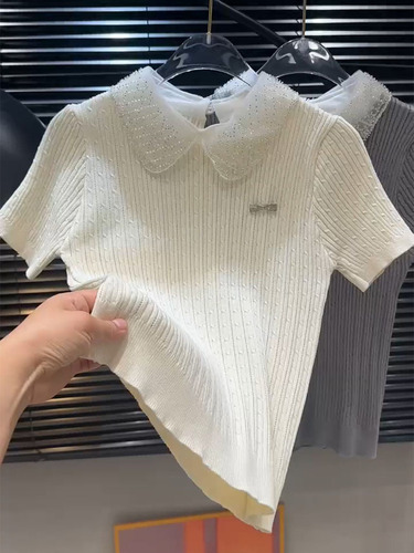 Camiseta De Punto De Verano Ajustada Con Cuello De Encaje En
