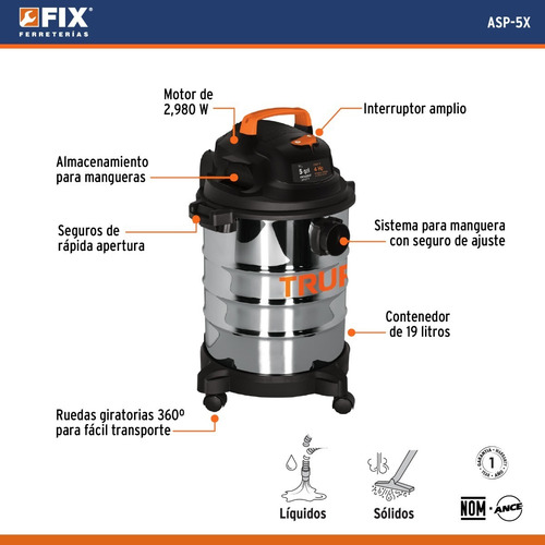 Aspiradora industrial Truper ASP-5X 5 galones (19L) acero inoxidable y negra 127V 60Hz