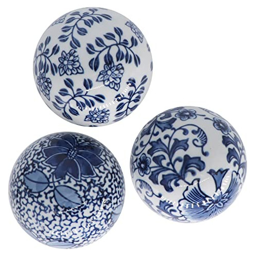 Conjunto De 3 Bolas Decorativas De Porcelana Azul Y Bla...