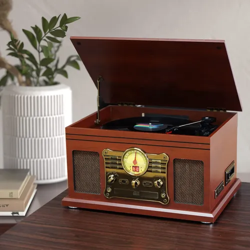 Tocadiscos Bluetooth 10 En 1 Caoba 3 Velocidades Con Altavoc
