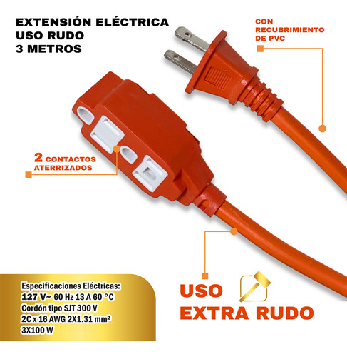 Extensión Eléctrica Uso Rudo 3 M Naranja The Basic Tools