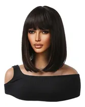Comprar Peruca Wig Lisa Curta Com Franja Preta Fibra Orgânica 