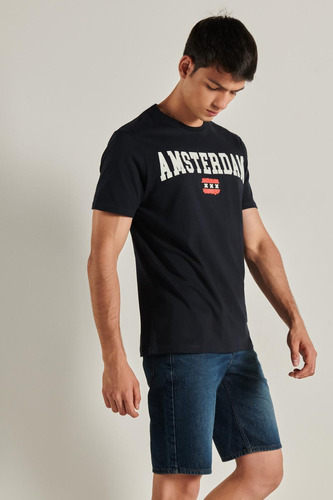 Camiseta Unicolor Con Diseño College De Ámsterdam Y Cuello R