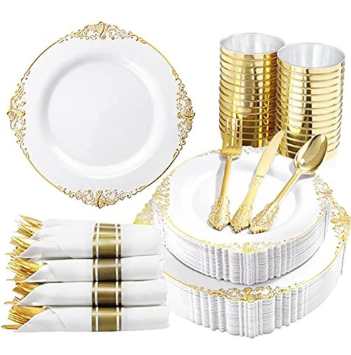 Nervure 350pcs Platos De Plástico Blanco Y Dorado Y Serville