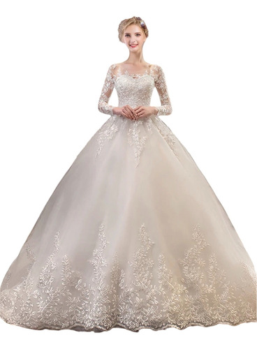 Nb06 Vestido De Noiva Renda Manga Longa Princesa Barato Véu