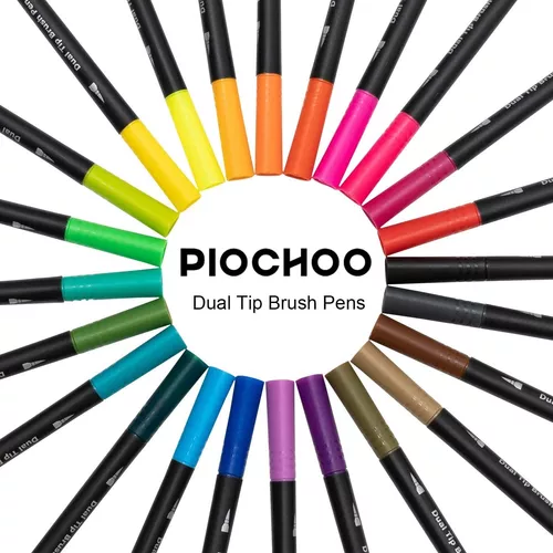 Piochoo Rotuladores de doble pincel, 24 marcadores de colores, punta fina y  punta de pincel para niños y adultos, libros de colorear para planificar