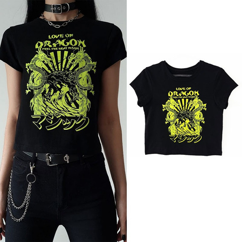 Remera Crop Dragon Neon Algodon Aesthetic Kawaii