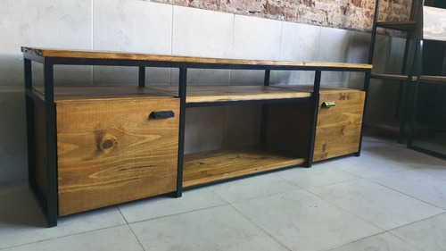 Imagen 5 de 6 de Mueble Rack Tv Industrial Hierro Madera 160x35x50 Puertas