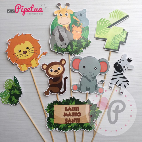 Mega Pack Animales De La Selva Topper Banderin Pinchos Deco