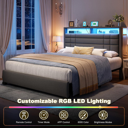 Base De Cama Matromial Con Estacion De Carga Y Luz Led Gris Gris