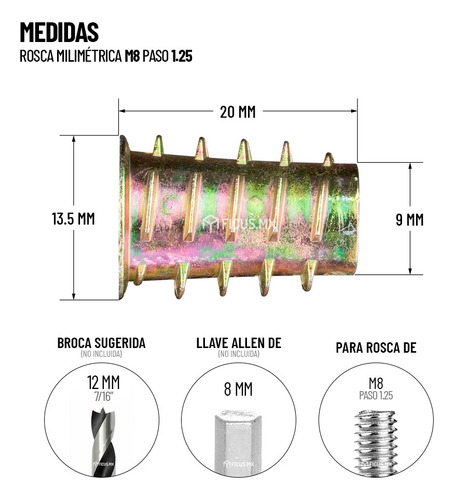 Inserto Milimetrico Tuerca Madera M8 X 20 Mm C/tope 20 Uds