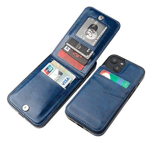 Funda Cartera Para iPhone 14 Plus Azul 6.7 PuLG Piel