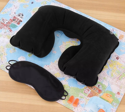 Kit De Viaje Almohada Inflable Antifaz Tapones Para Dormir Negro Liso