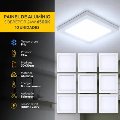 Kit 10 Painel Led Plafon Aluminio Sobrepor 24w 6500K Branco Frio 29x29cm Quadrado Cod: ALUT002010-10 Alut By Avant