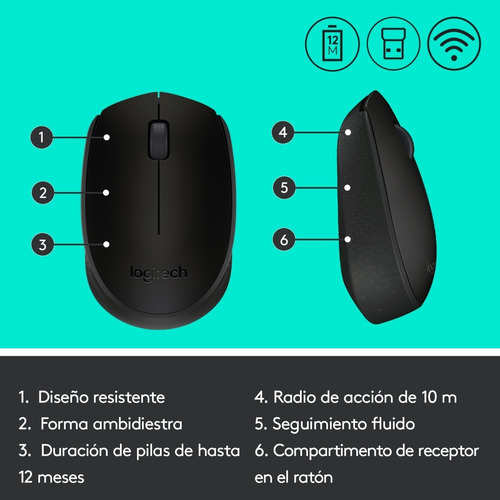 Mouse Inalámbrico Logitech M170, Cómodo Y Portátil - Negro
