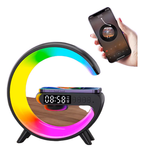 Bluetooth Speaker Con Reloj Y Carga Inalámbrica Color Negro