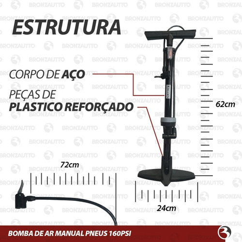 Imagem 6 de 6 de Bomba De Ar Manual Pneus Carro Moto Bicicleta 160psi Starfer