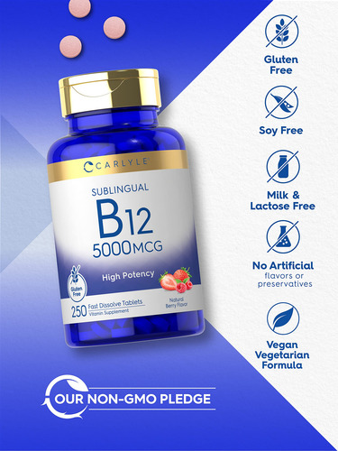 Suplemento Carlyle De Vitamina B12 5000 Mcg 250 Tabletas
