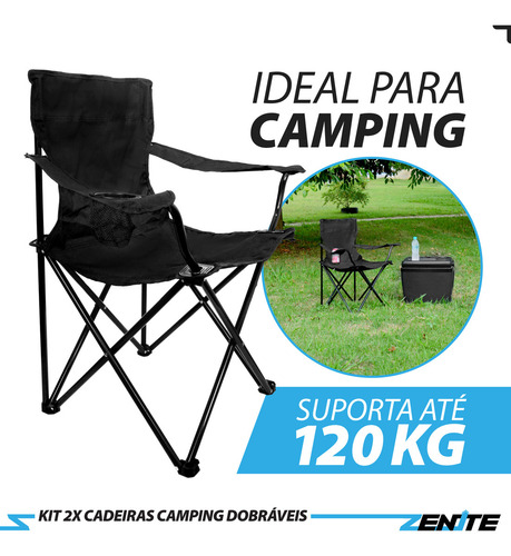 Kit 2 Cadeiras Praia Camping Pesca Dobrável Com Porta Copos + Bolsa Preta Zenite