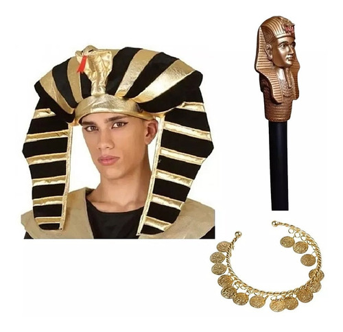 Combo Disfraz Egipcio Gorro Faraon Brazalete Baston Egipto