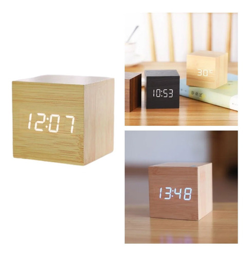 Reloj Digital Estilo Madera Alarma Despertador Fecha Tempera