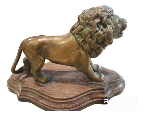 Figura Decorativa León Bronce Macizo Escultura Base Madera